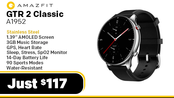 Amazfit GTR 2 Classic Edition - Stainless Steel, Leather Strap| 1.39” HD Color AMOLED Display | 3D Curved Bezel-less Design | Bluetooth phone Calls | Music Storage and Playback | 5 ATM Resistance | All-round Health and Fitness Tracking | Extended 14-day Battery Life | Alexa Built-in | Supports Android & iOS devices - Obsidian Black image001.png $117.00