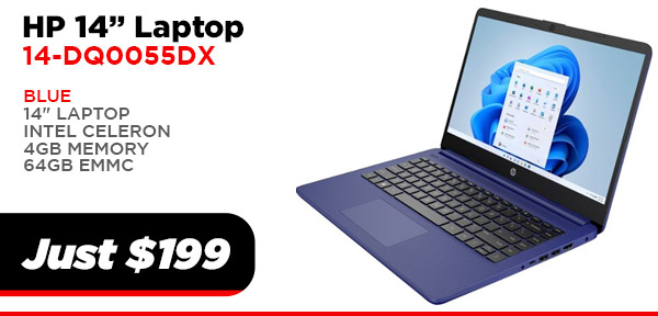 HP 14-DQ0055DX 14", 4GB,64GB, INTEL BLUE $199.00