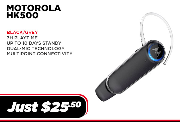MOTO-HK500-BK Audio Motorola HK500, in-ear , BT,up to 10 days standby, CVC (UPC # 810036771863) - Black $ 25.50