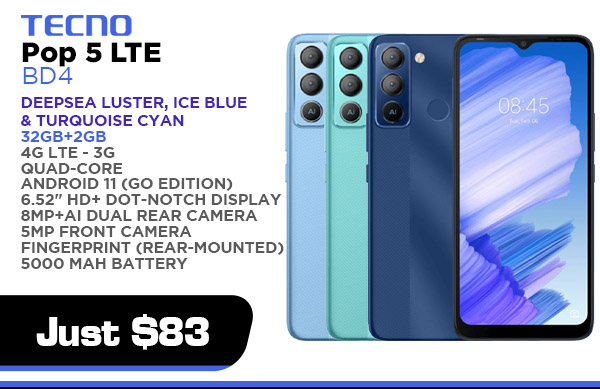 TECNO POP 5 LTE - DeepSea Luster, Ice Blue & Turquoise Cyan - 32GB+2GB - $83