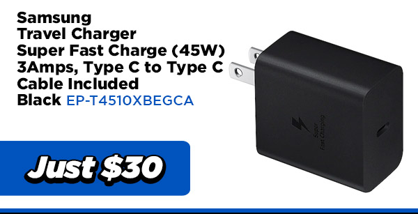 Samsung POWER EP-T4510XBEGCA Samsung Travel Charger Super Fast Charge (45W) 3Amps , Type C to Type C Cable Included - Black $30.00