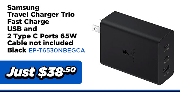 Samsung POWER EP-T6530NBEGCA Samsung Travel Charger Trio Fast Charge (USB and 2 Type C Ports) 65W (Cable not included)- Black $38.50