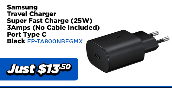Samsung POWER EP-TA800NBEGMX Samsung Travel Charger Super Fast Charge (25W) 3Amps (No Cable Included) Port Type C, UPC Code 8806092013681-  Black $13.50