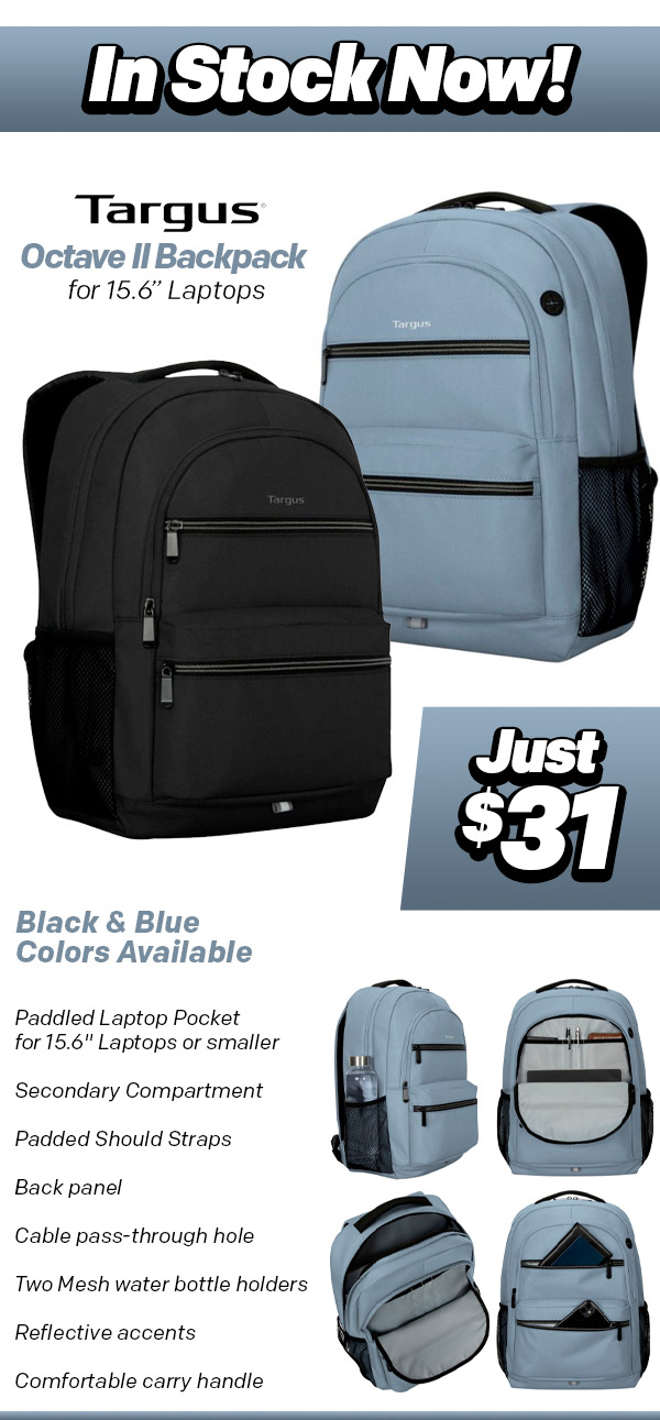 PRICE $31.00 Targus - Octave II Backpack for 15.6” Laptops - Black and Blue 
